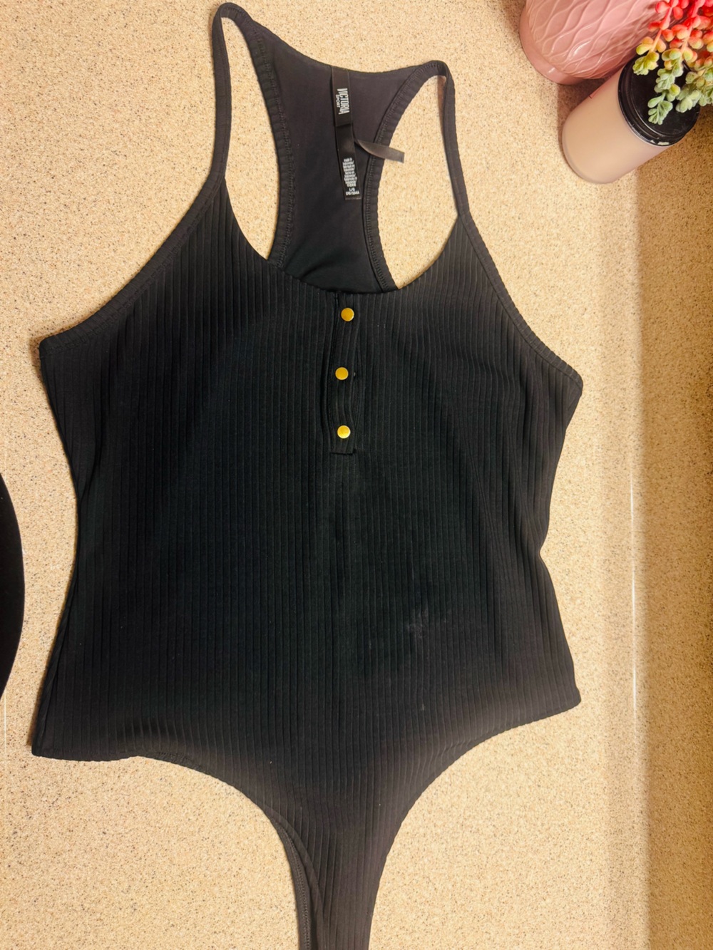 VICTORIA SECRETS - Black Ribbed Sleeveless Tank Bodysuit w/ Gold Accent Buttons